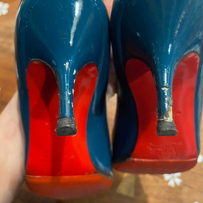 christian louboutin clare teal pointed toe kitten heel - size 38