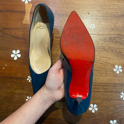 christian louboutin clare teal pointed toe kitten heel - size 38