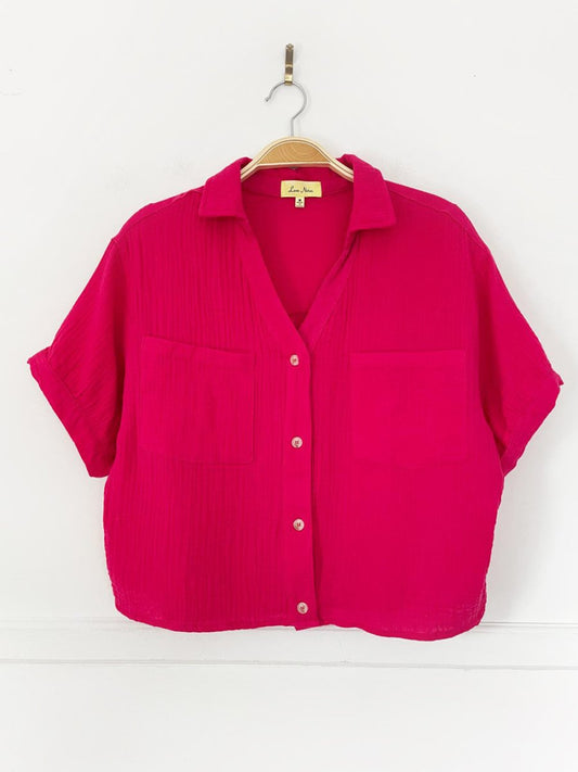 love notes gauze cotton boxy crop full button shirt - good market thrift store