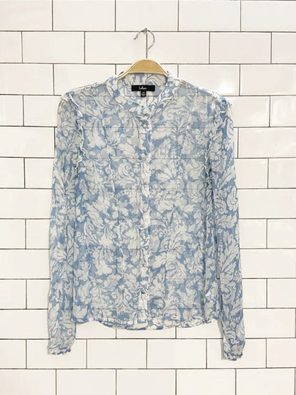 lulus floral chiffon ruffle shoulder blouse - good market thrift store