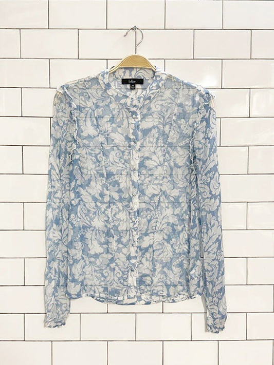 lulus floral chiffon ruffle shoulder blouse - good market thrift store