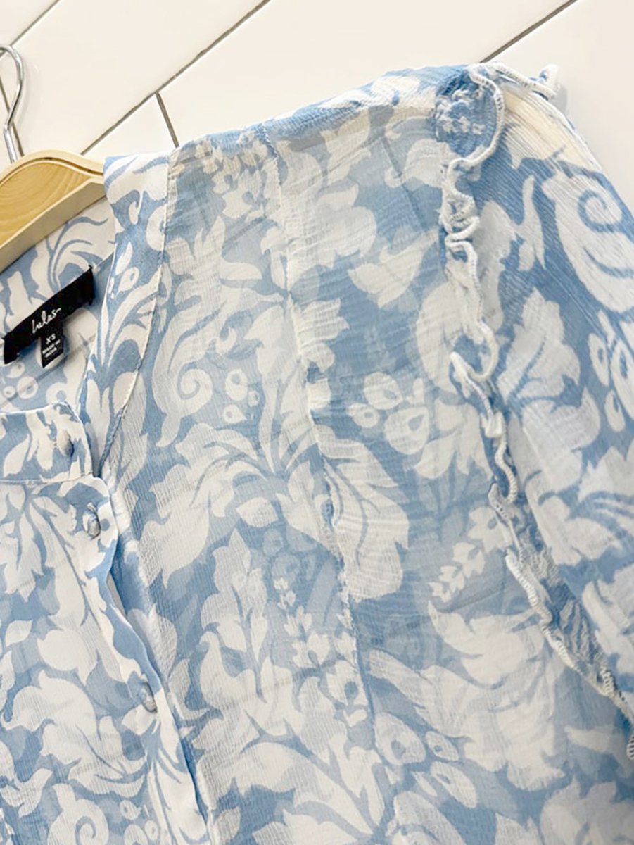 lulus floral chiffon ruffle shoulder blouse - good market thrift store