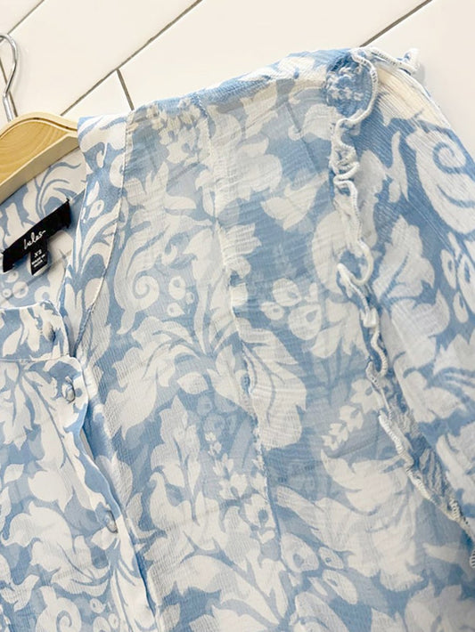 lulus floral chiffon ruffle shoulder blouse - good market thrift store