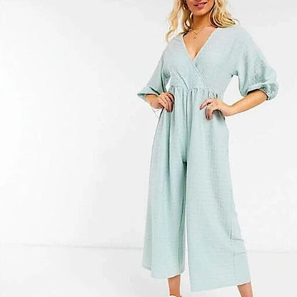 asos design faux wrap textured wide leg jumpsuit