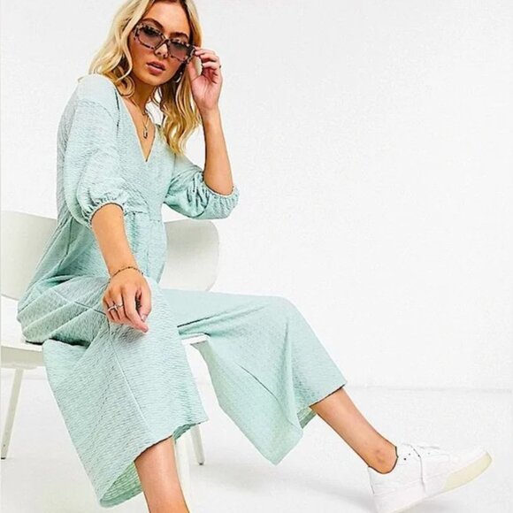 asos design faux wrap textured wide leg jumpsuit