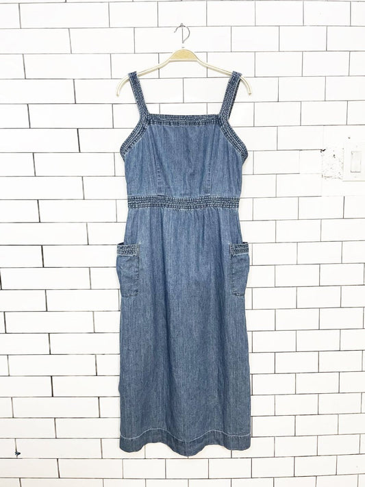 madewell apron denim back button midi dress - good market thrift store