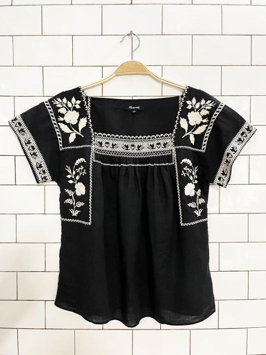 madewell linen - blend embroidered peasant top - good market thrift store