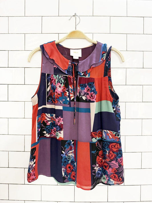 maeve anderson patchwork floral flutter sleeveless blouse | anthropologie - good market thrift store