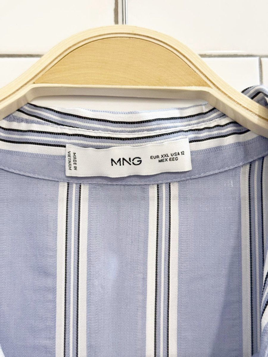 mango draped blue stripe shirt midi dress - good market thrift store