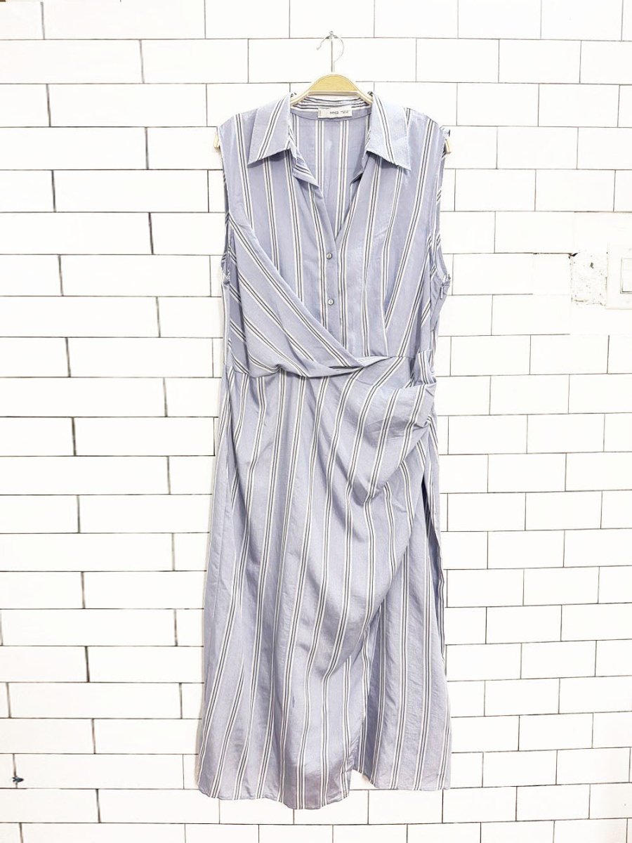 mango draped blue stripe shirt midi dress - good market thrift store