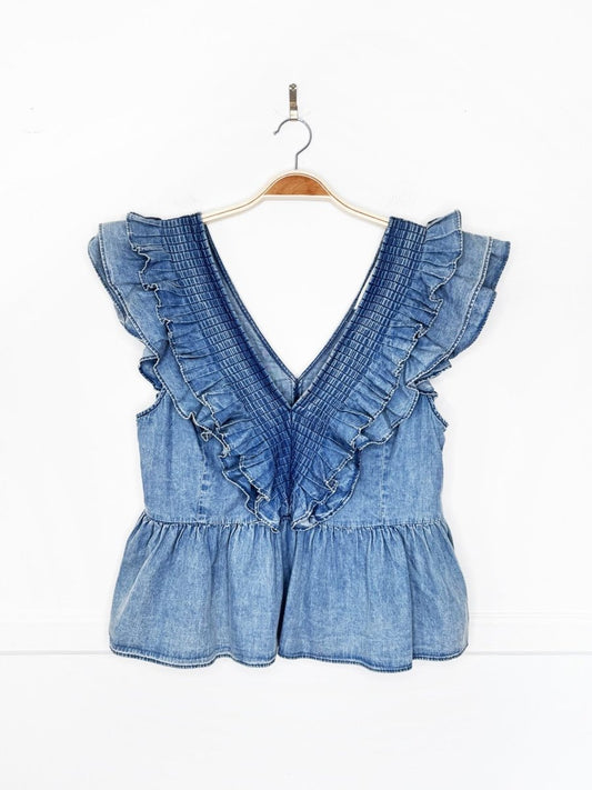 mare mare x anthropologie ruffled denim sleeveless top - good market thrift store