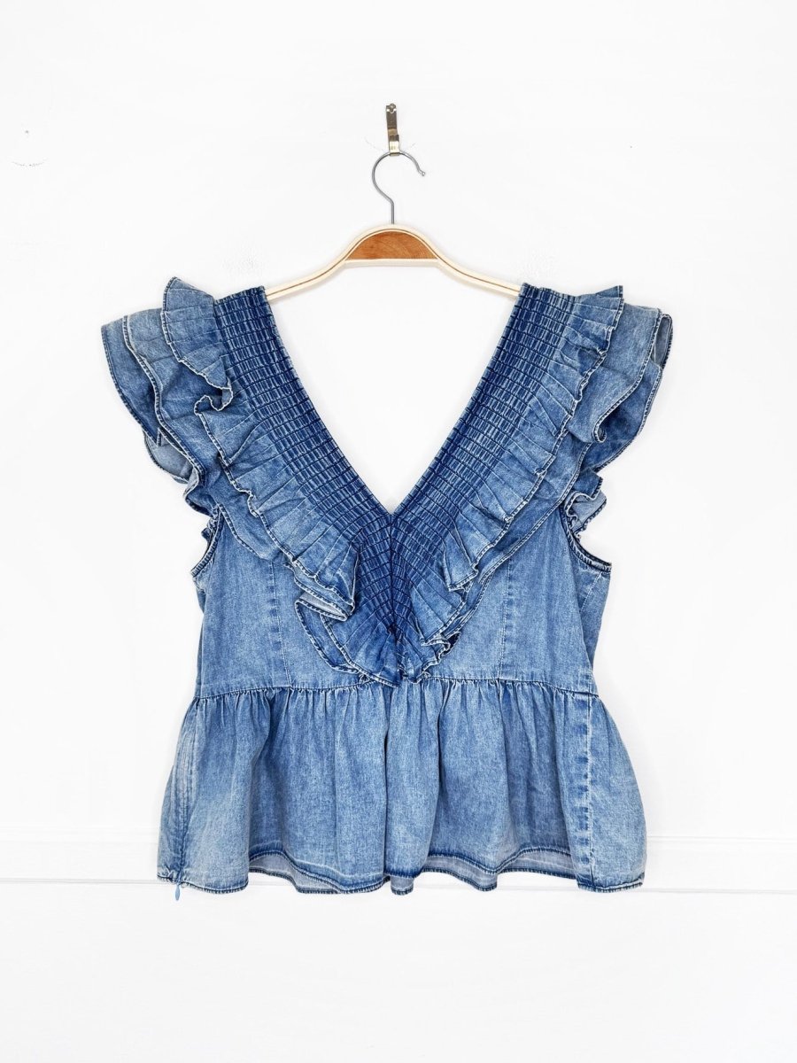 mare mare x anthropologie ruffled denim sleeveless top - good market thrift store