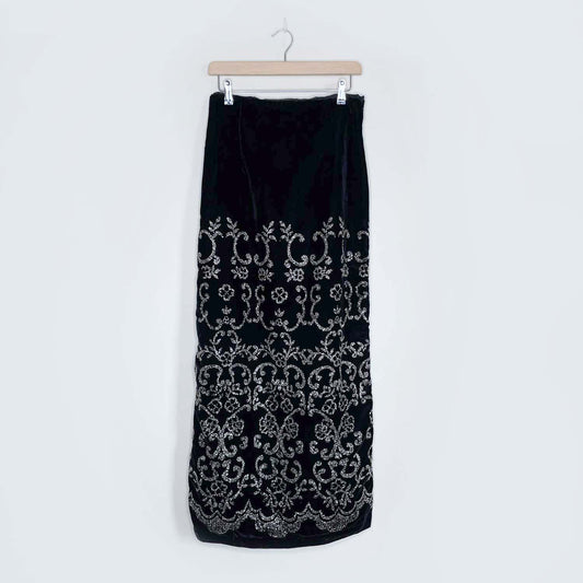 vintage black velvet gold glitter maxi skirt - size medium