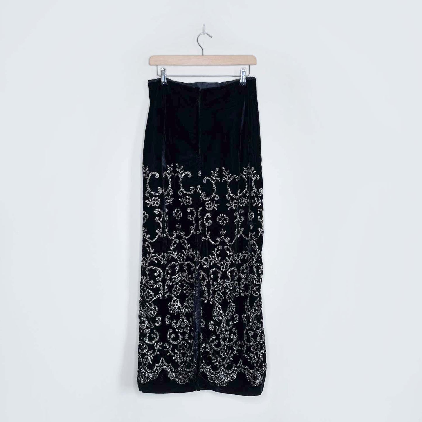 vintage black velvet gold glitter maxi skirt - size medium