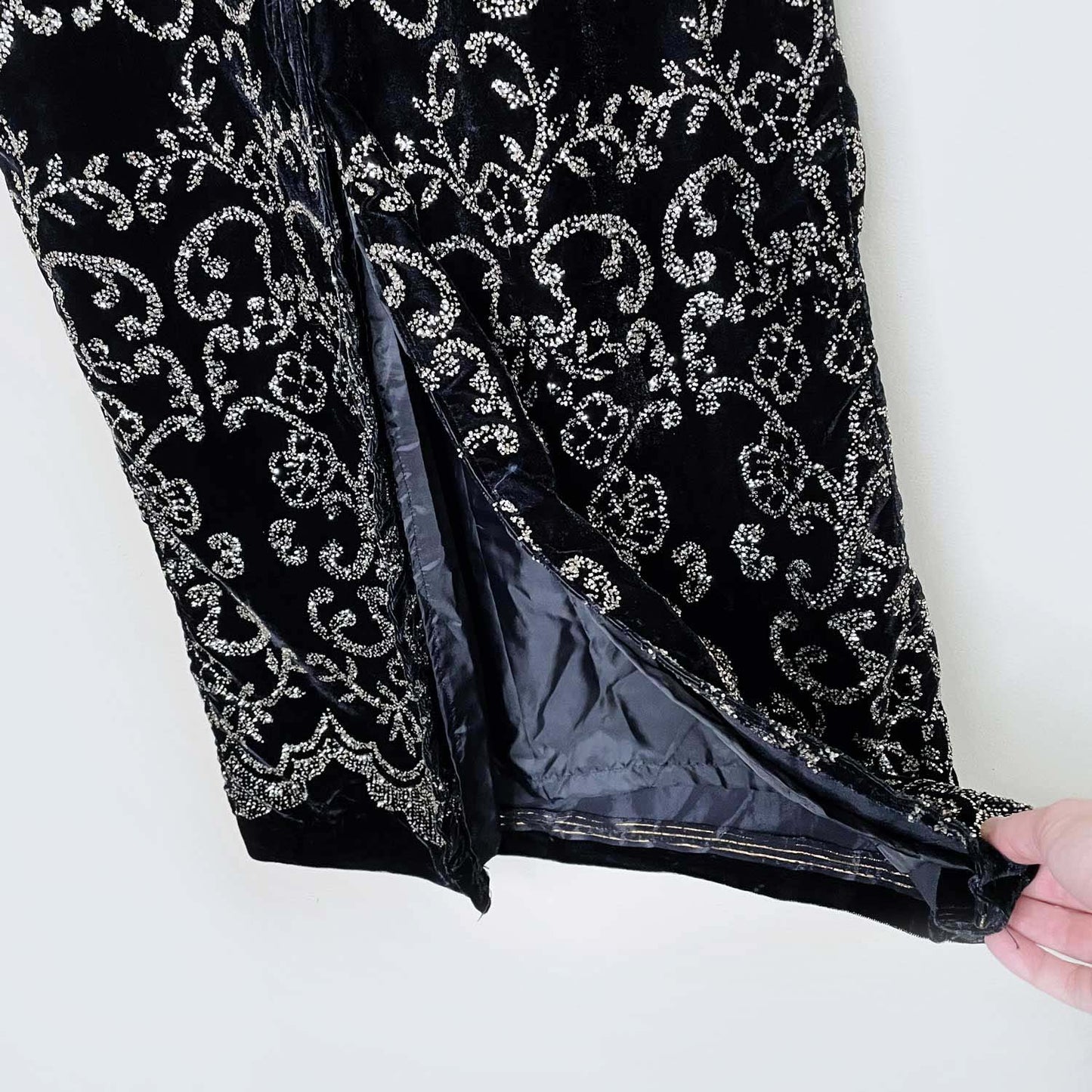 vintage black velvet gold glitter maxi skirt - size medium