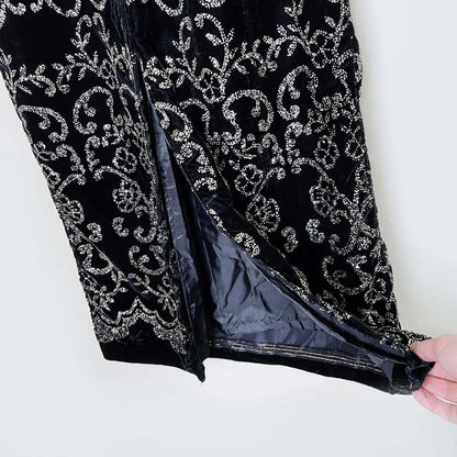 vintage black velvet gold glitter maxi skirt - size medium