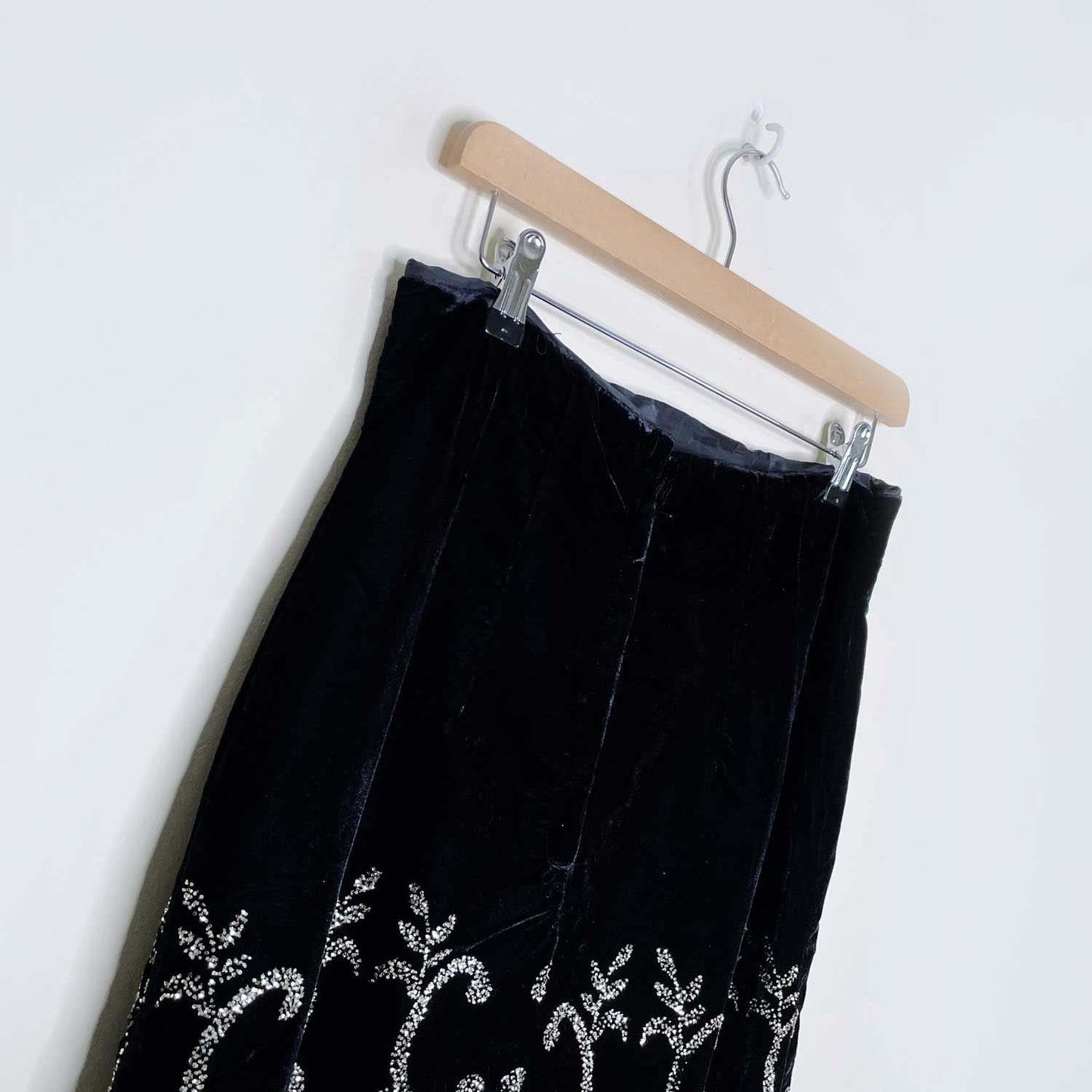 vintage black velvet gold glitter maxi skirt - size medium