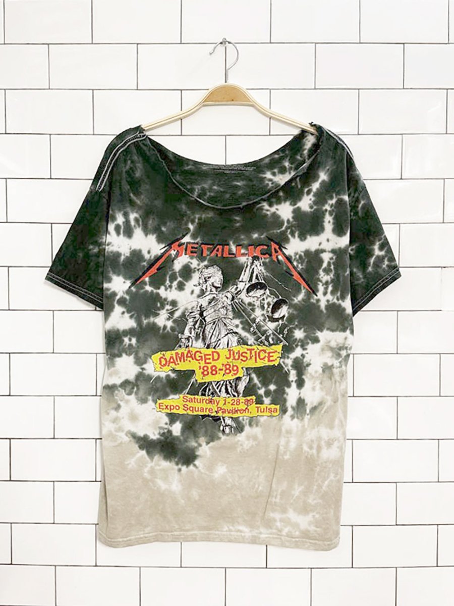 metallic raw collar tie die damage justice graphic band tee - good market thrift store
