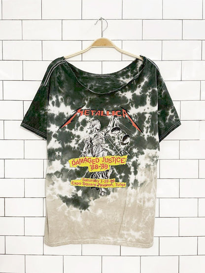 metallic raw collar tie die damage justice graphic band tee - good market thrift store