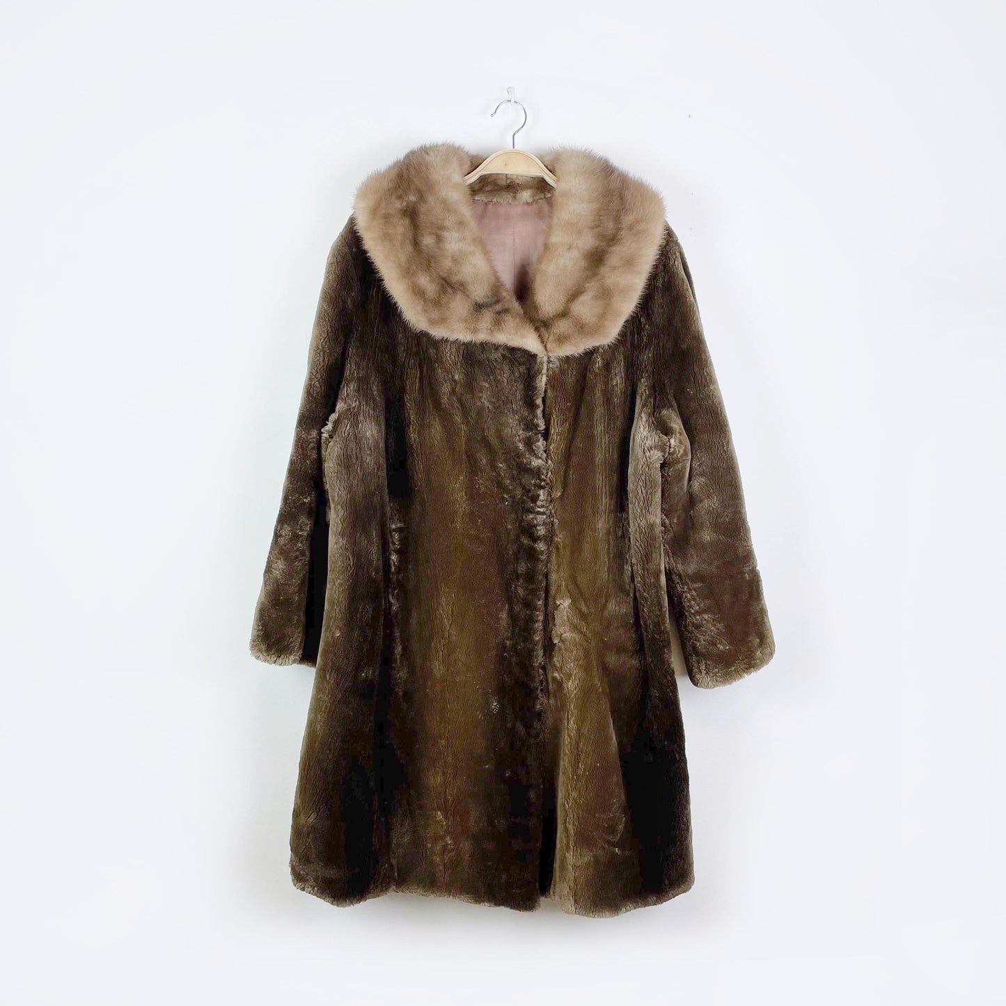 vintage brown shaved mink long coat with mink collar - size medium