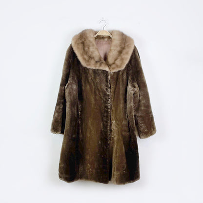 vintage brown shaved mink long coat with mink collar - size medium