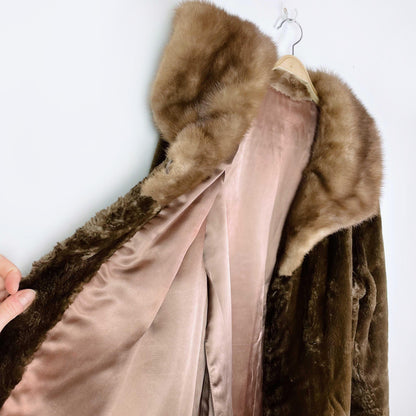 vintage brown shaved mink long coat with mink collar - size medium