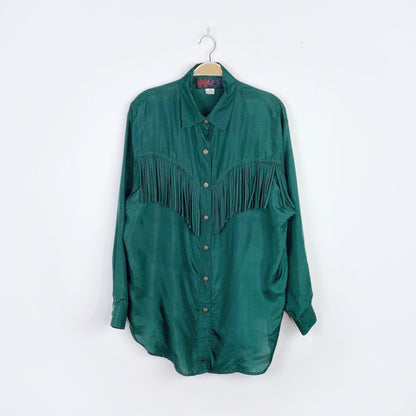 vintage moda green silk fringe western button down - size medium