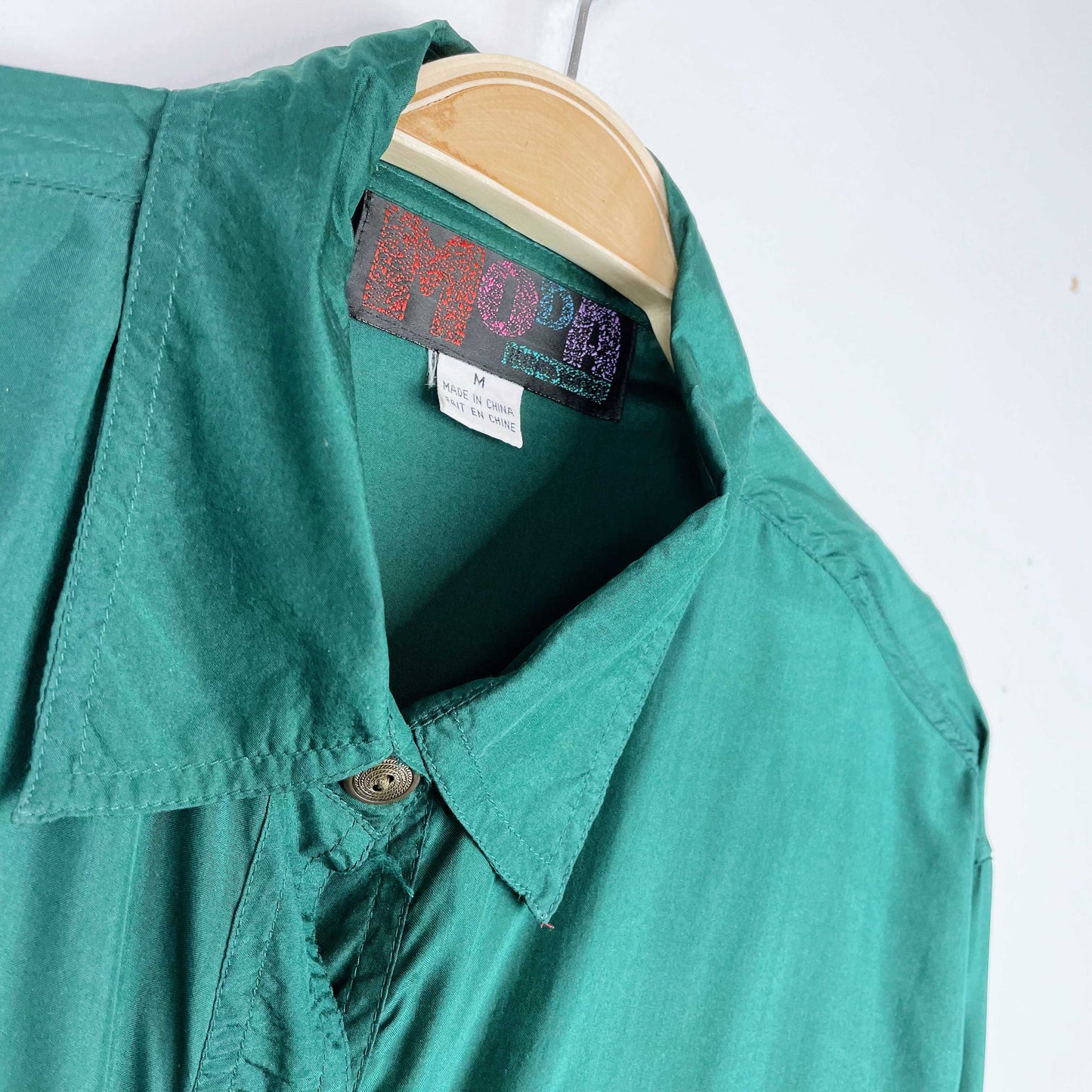 vintage moda green silk fringe western button down - size medium
