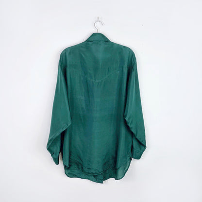 vintage moda green silk fringe western button down - size medium