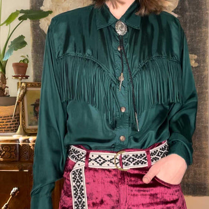 vintage moda green silk fringe western button down - size medium