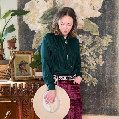 vintage moda green silk fringe western button down - size medium