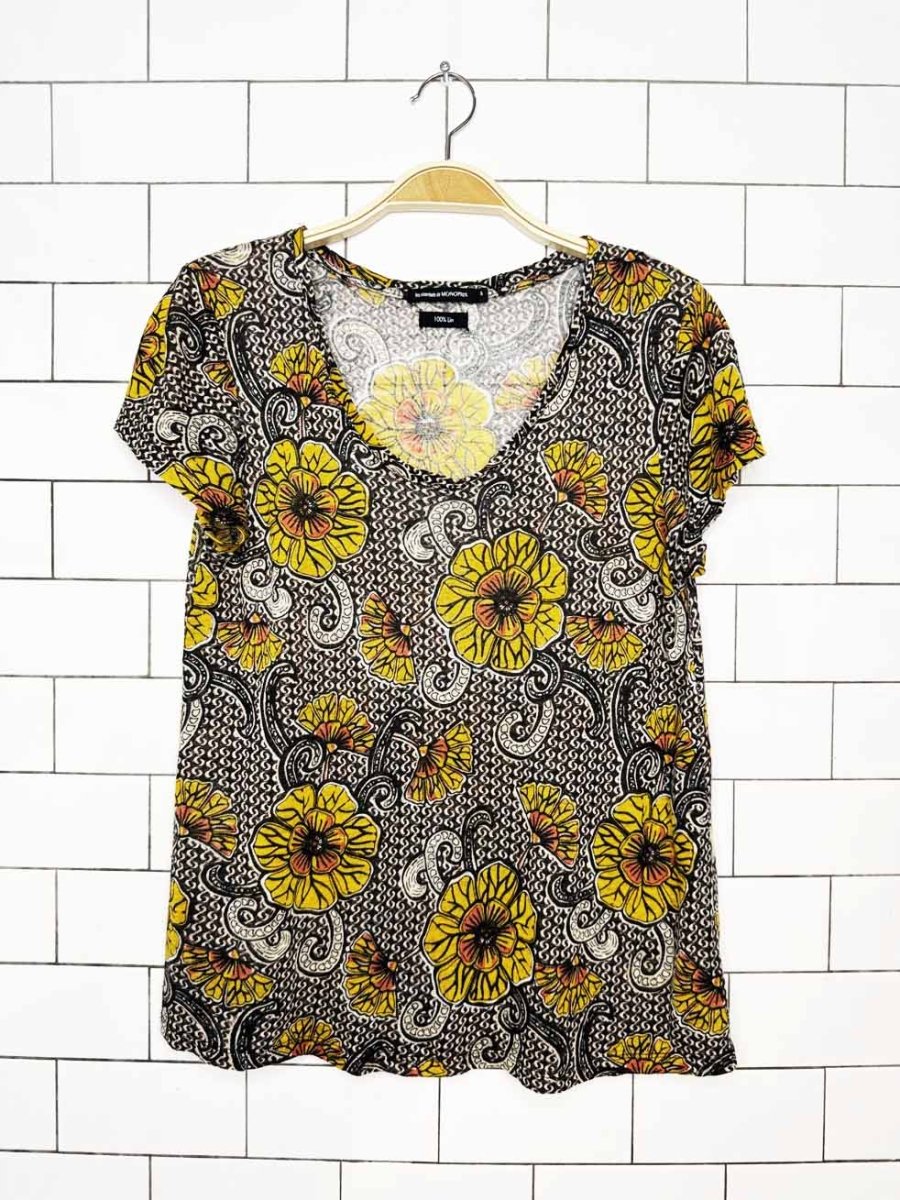 monoprix france 100% linen retro floral tee | les essentiels de - good market thrift store