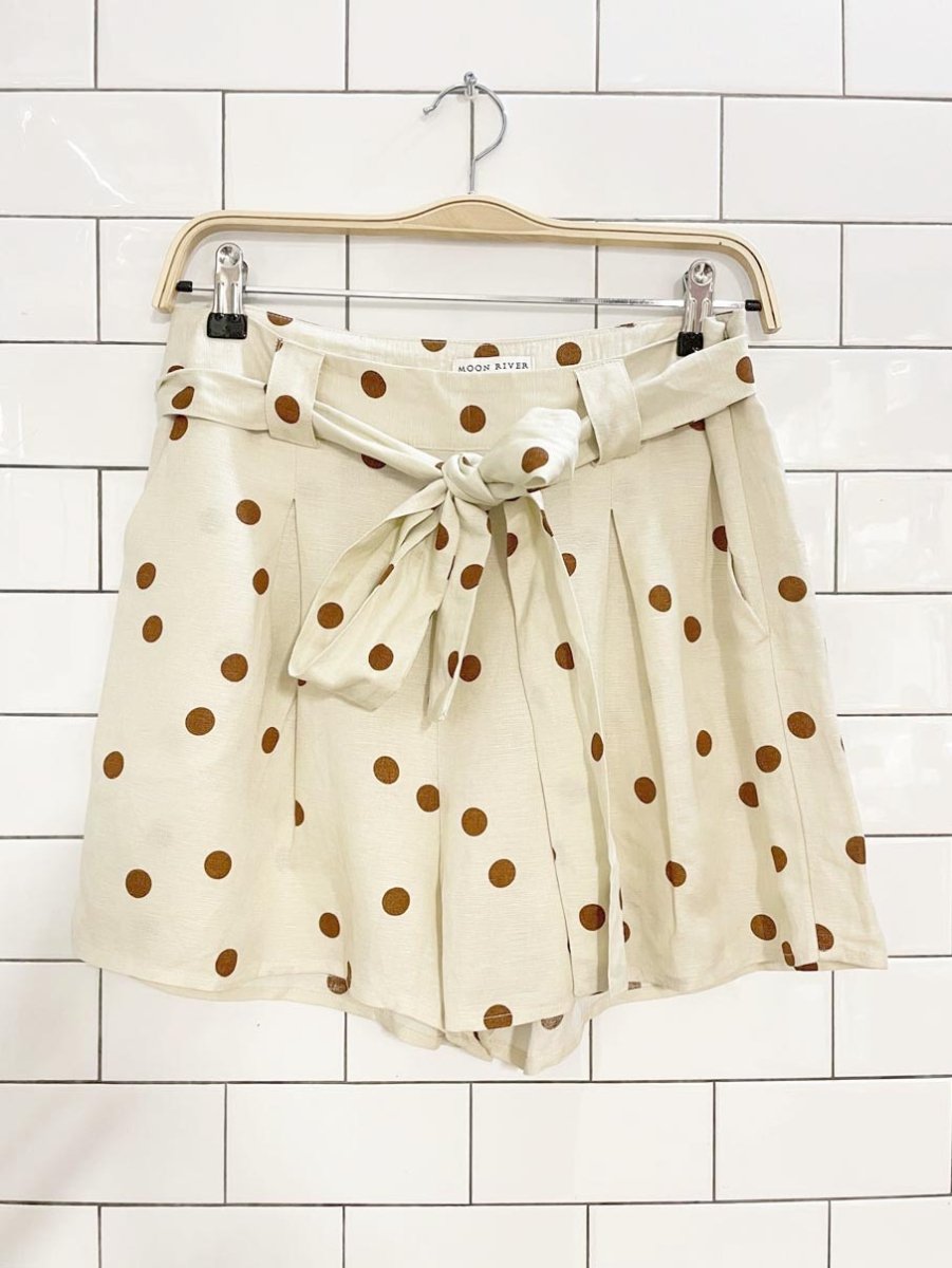 moon river linen - blend polka dot pleated belted short | anthropologie - good market thrift store