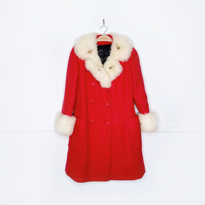 vintage 60s union made mrs. claus wool coat with sheepskin trim