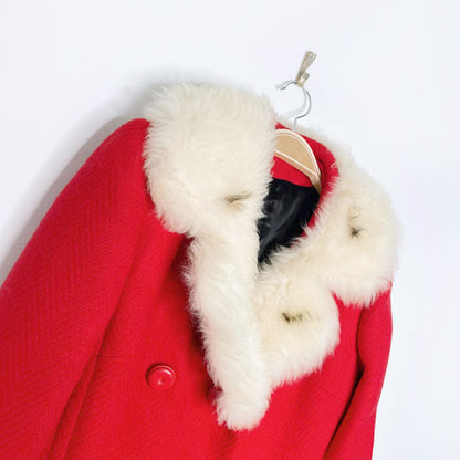 vintage 60s union made mrs. claus wool coat with sheepskin trim