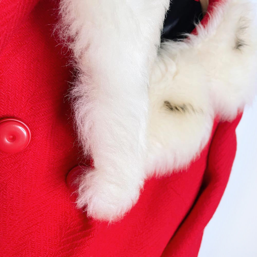 vintage 60s union made mrs. claus wool coat with sheepskin trim