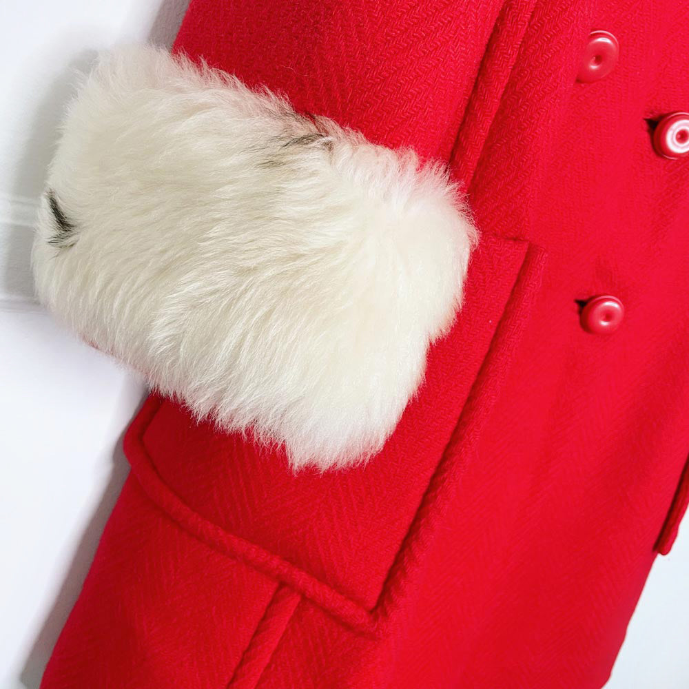 vintage 60s union made mrs. claus wool coat with sheepskin trim