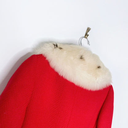 vintage 60s union made mrs. claus wool coat with sheepskin trim