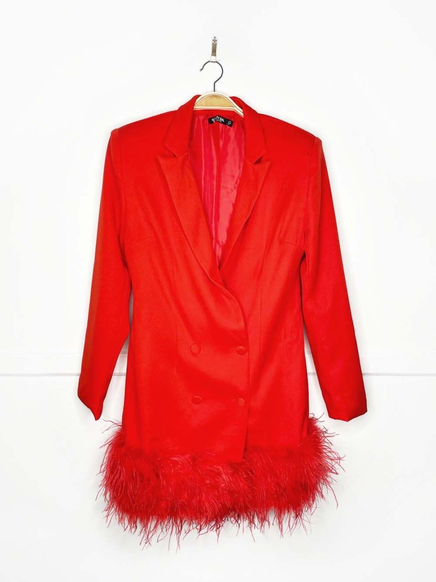 nastygal feather trim double breasted blazer dress | power shoulder - good market thrift store