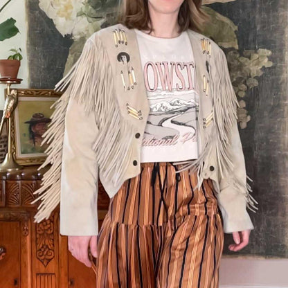vintage 60s apache first nations leather fringe western jacket - size xl