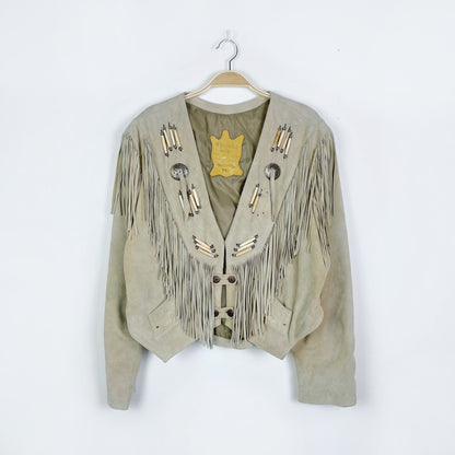 vintage 60s apache first nations leather fringe western jacket - size xl