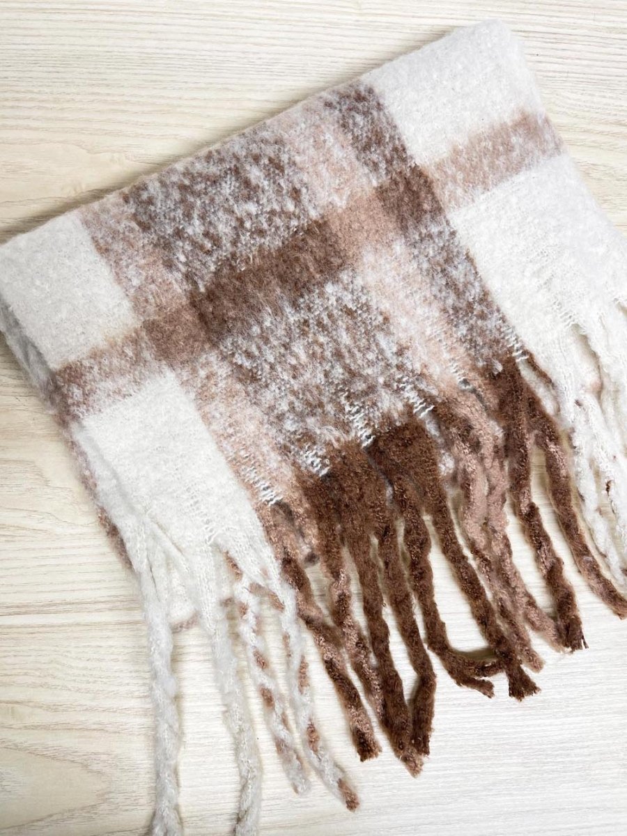 neutrals fuzzy woven plaid fringe scarf - good market thrift store