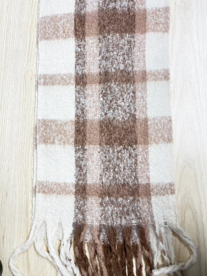 neutrals fuzzy woven plaid fringe scarf - good market thrift store
