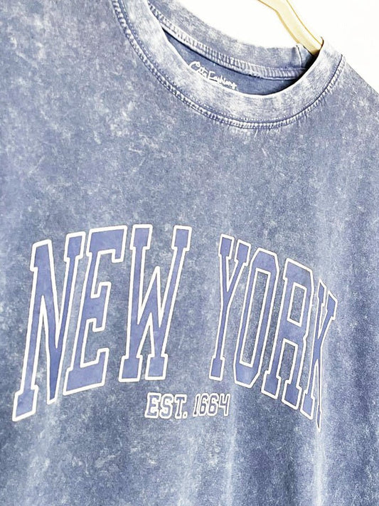 new york city spellout acid wash sporty prep tee | city fashions - good market thrift store