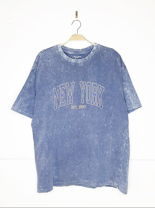 new york city spellout acid wash sporty prep tee | city fashions - good market thrift store