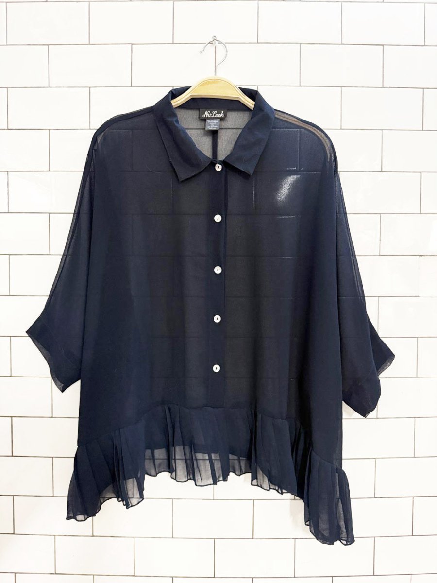 nu - look boxy sheer ruffled hem full button blouse - good market thrift store