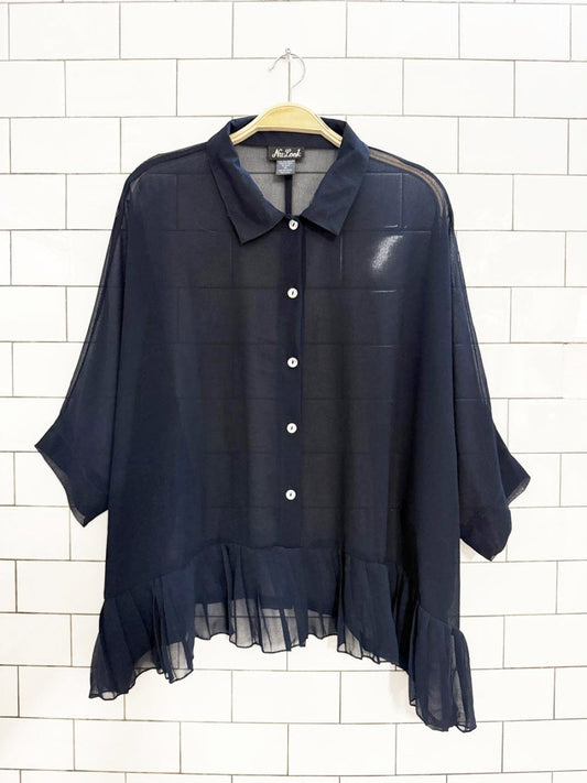 nu - look boxy sheer ruffled hem full button blouse - good market thrift store