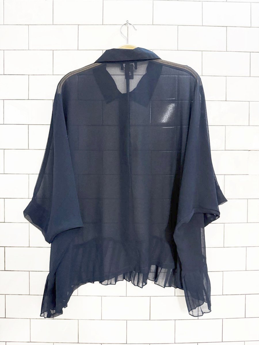 nu - look boxy sheer ruffled hem full button blouse - good market thrift store