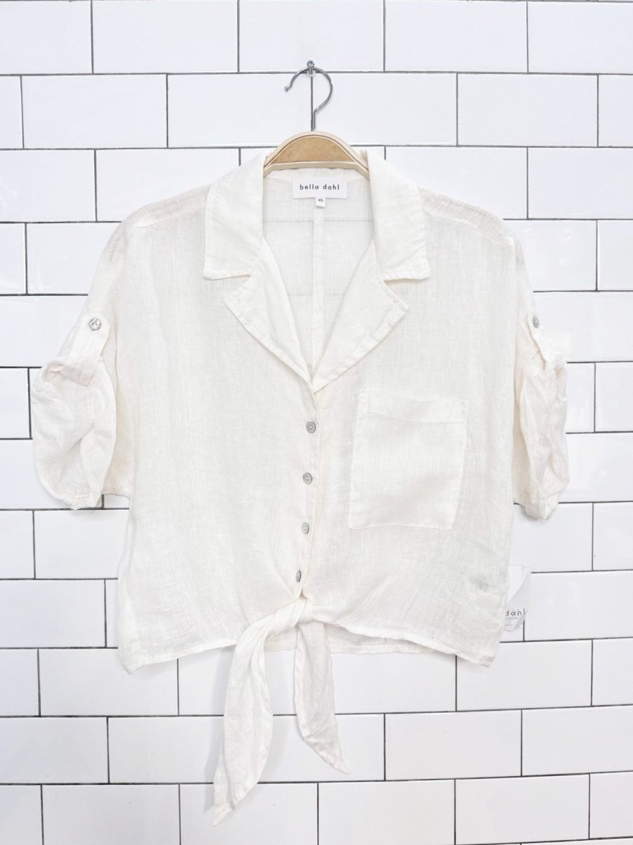 nwt bella dahl 100% linen tie front relaxed fit crop shirt - good market thrift store
