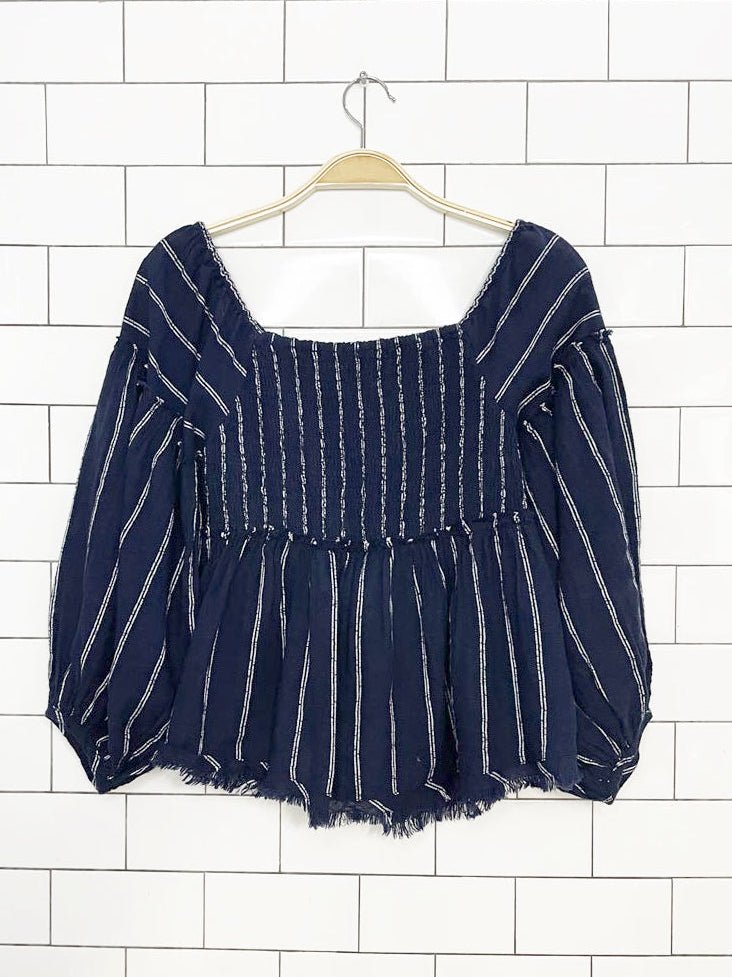 nwt free people boho pinstripe smocked-back peasant top | made in India - good market thrift store